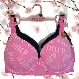 Juicy Couture  Sexy Pink Logo & Solid Black Push-up Bra 2 Piece set Size 42D